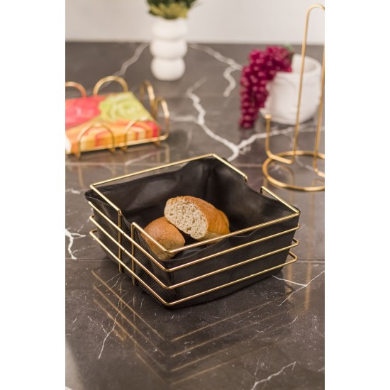 Ekmeklik Ekmek Sepeti Çok Amaçlı Metal Kutu Lüx Gold Paslanmaz Sepet Siyah Kumaş 