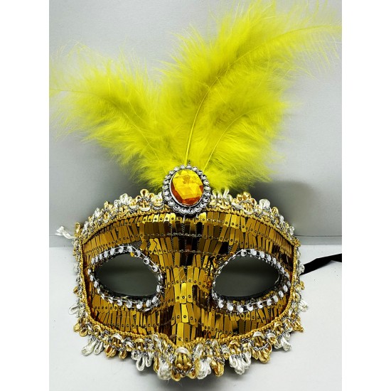 Altın Renk Payetli Pullu Tüylü Parti Maskesi 17x20 cm