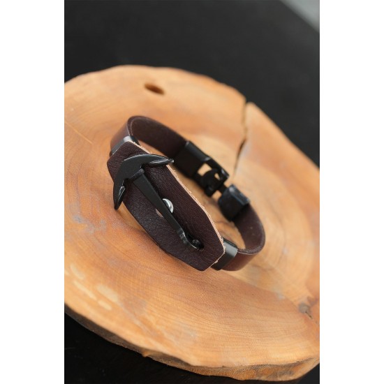 Siyah Deniz Çapalı Çelik Aksesuarlı Kahverengi Deri Erkek Bileklik - BJ-EB2537-KS
